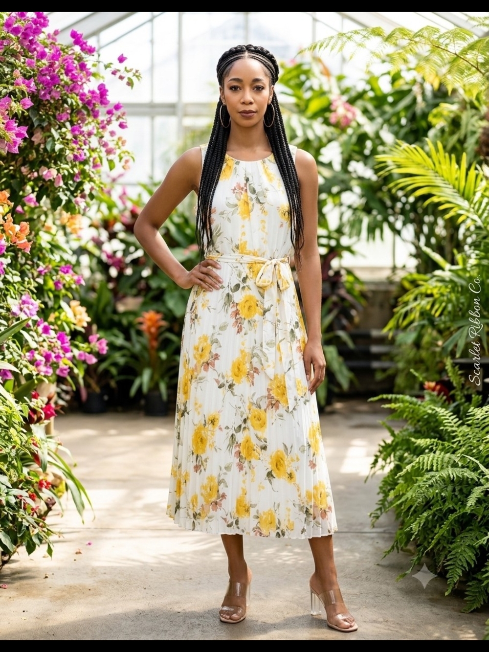 ​✨ Stunning Studio 1 New York Yellow Floral Pleated Midi Dress